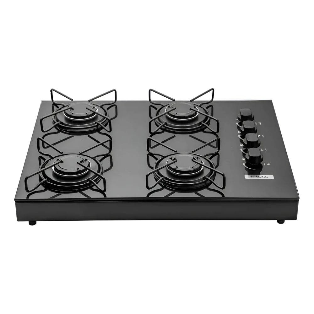 Fogão Cooktop 4 Bocas Portátil de Mesa Stelar Euro Preto a Gás GLP Vidro Temperado – Alta Potência e Design Moderno