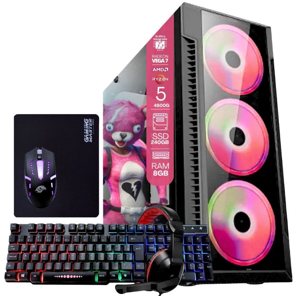 PC Gamer AMD Ryzen 5 4600G 8GB RAM Placa de video Radeon Vega 7 SSD 240GB Fonte 200W + Kit Gamer Completo