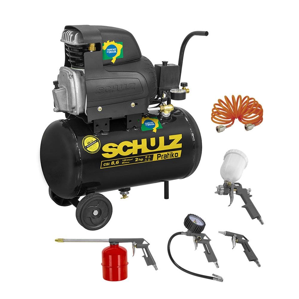 Compressor 1,5CV Pratiko CSI 8,6/25 + Kit Acessório 5 Peças Schulz 127V