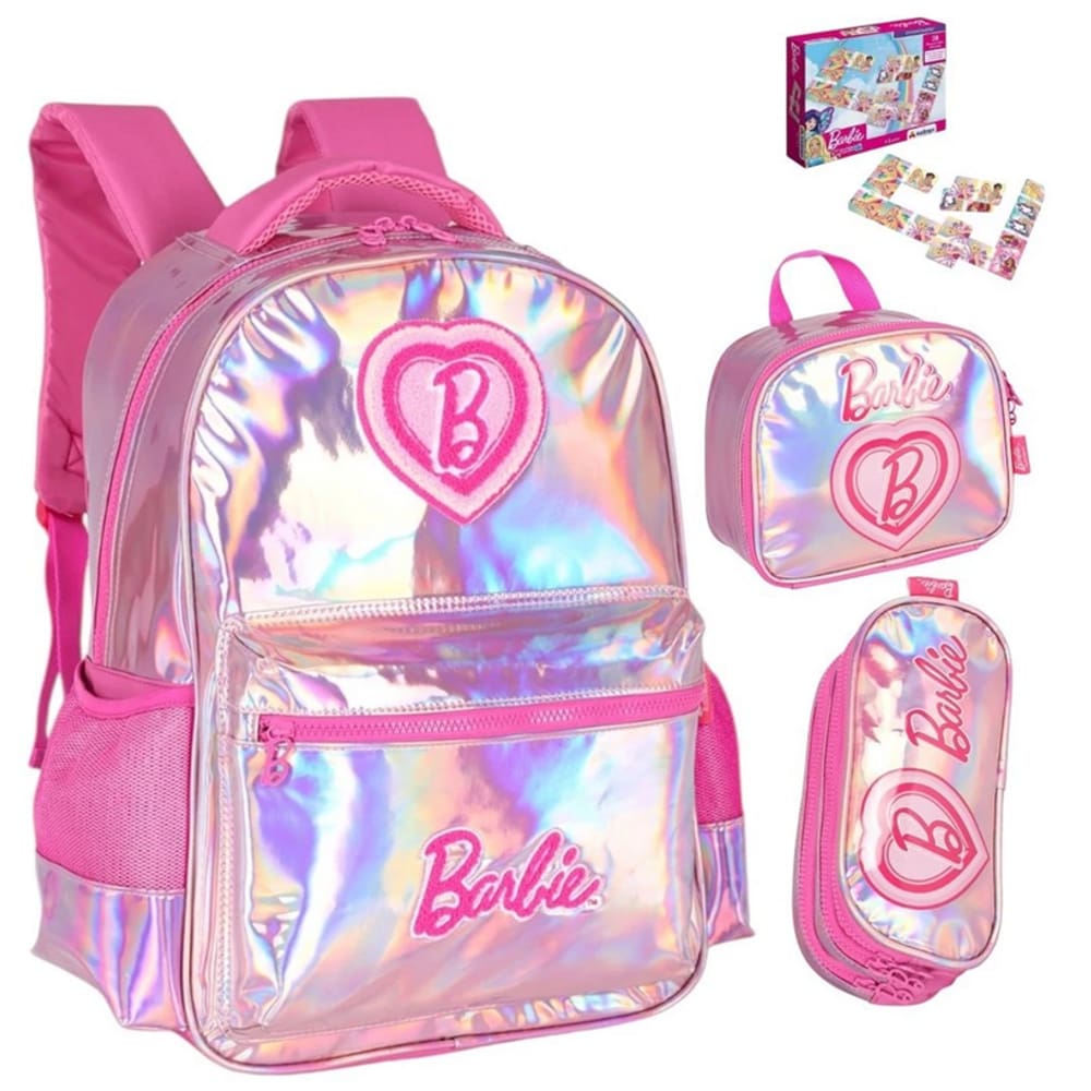Kit Mochila de Costas Escolar Estojo Lancheira Holográfica Barbie Luxcel