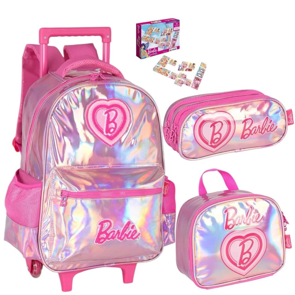 Kit Mochila Infantil Com Rodinhas Escolar Barbie Estojo Lancheira Dominó Luxcel