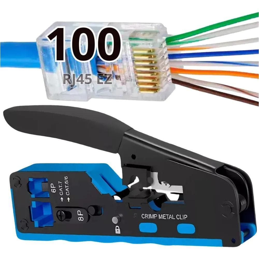 2X 100 Rj45 Ez + Alicate Crimpar Cabo Rede Cat5/6/7 Vazado K