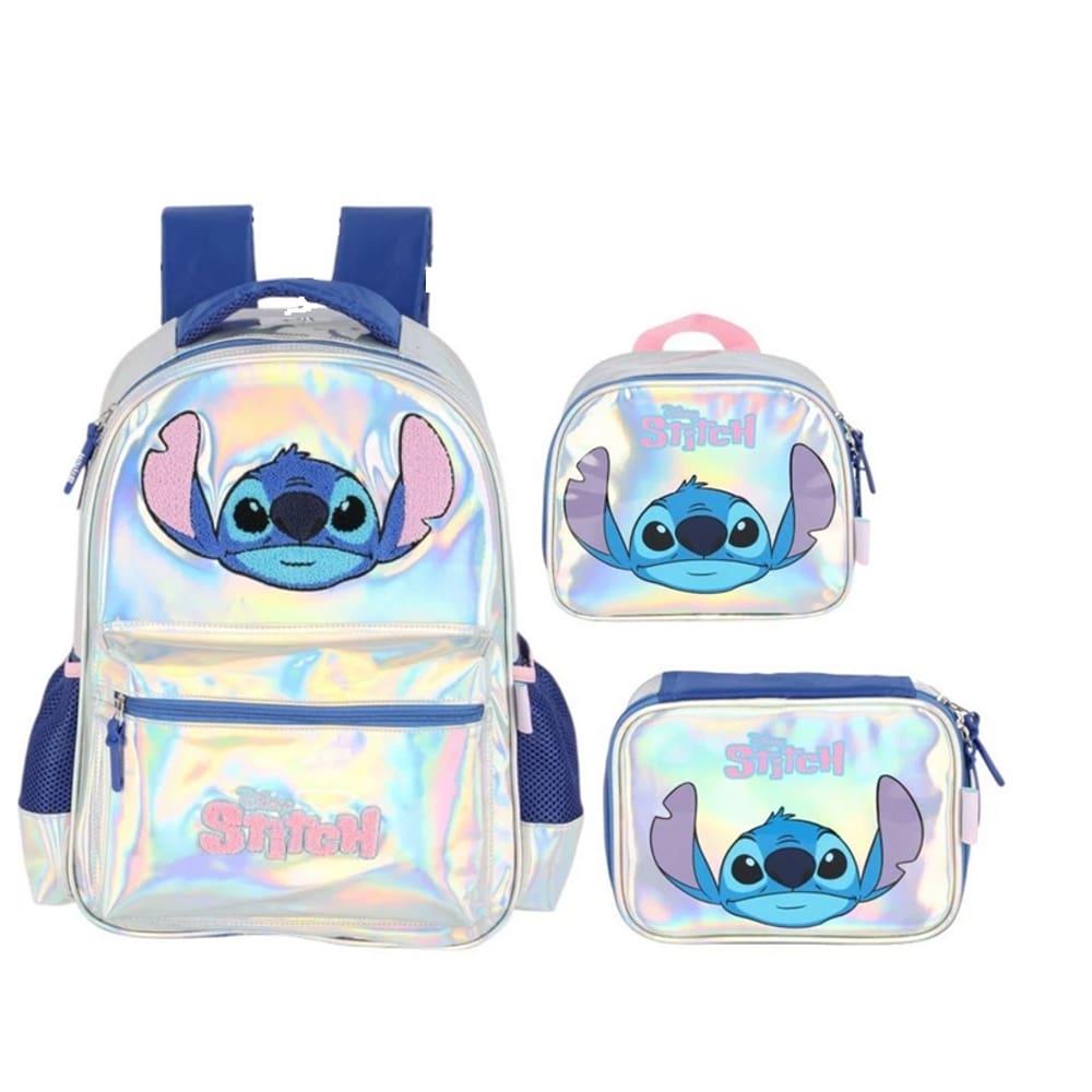 Kit Mochila Escolar de Costas  Stitch Lancheira Térmica Estojo Holográfica Luxcel
