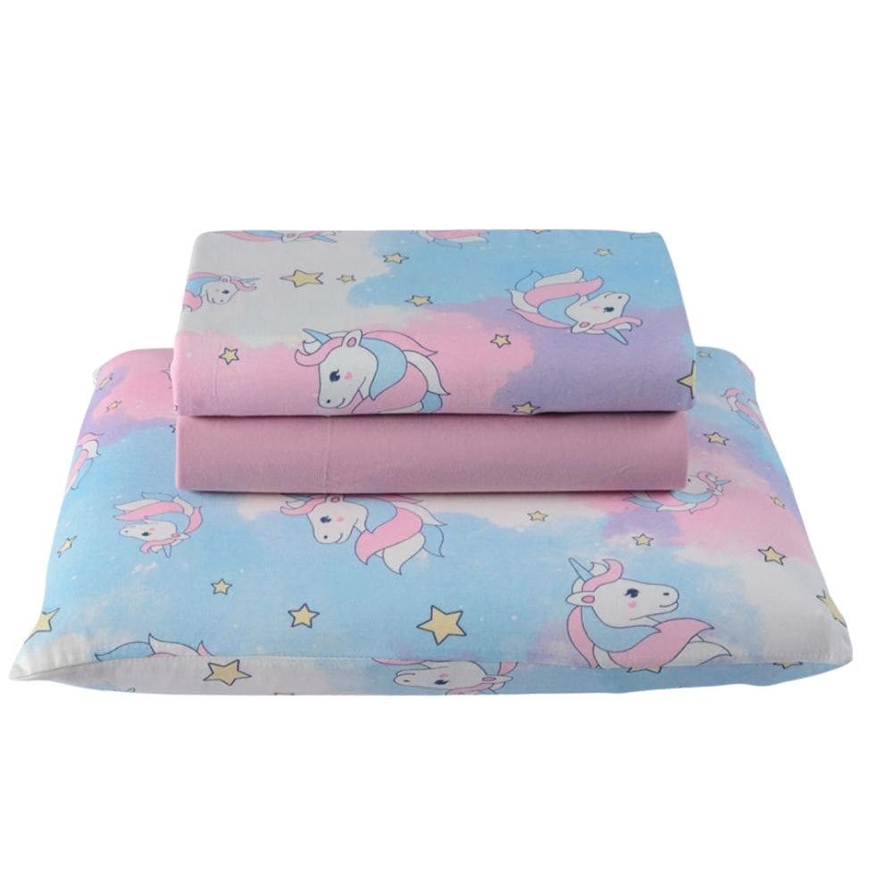 Jogo De Cama Lençol Em Malha Solteiro Unicórnio 3 Peças Rosa
