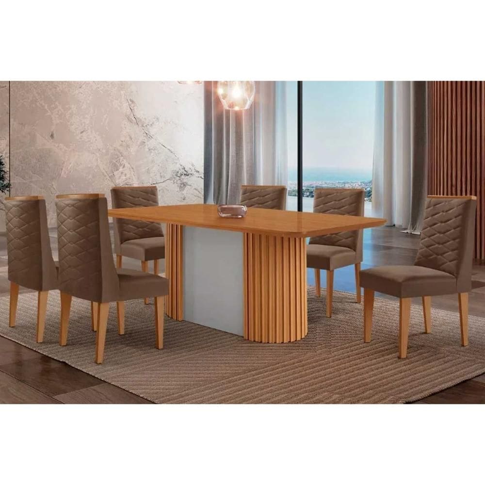 Conjunto Sala de Jantar Pilar c/ Tampo Madeirado Canto Curvo 180x90cm e 6 Cadeiras Dafne Madeira Maciça Naturale/Off White - Capuccino/Suede Marrom-Ru