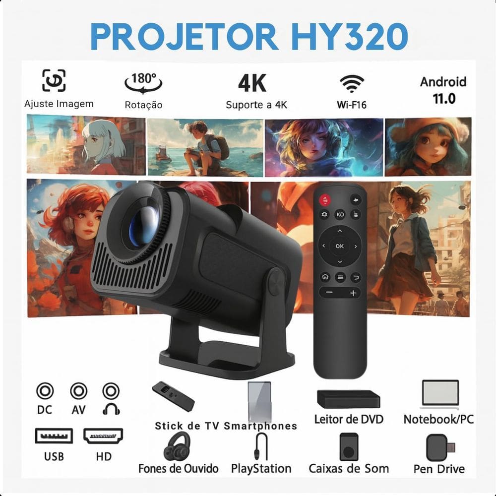 Projetor Hy320 4K Android 11 Wifi Smart Tv Hdmi