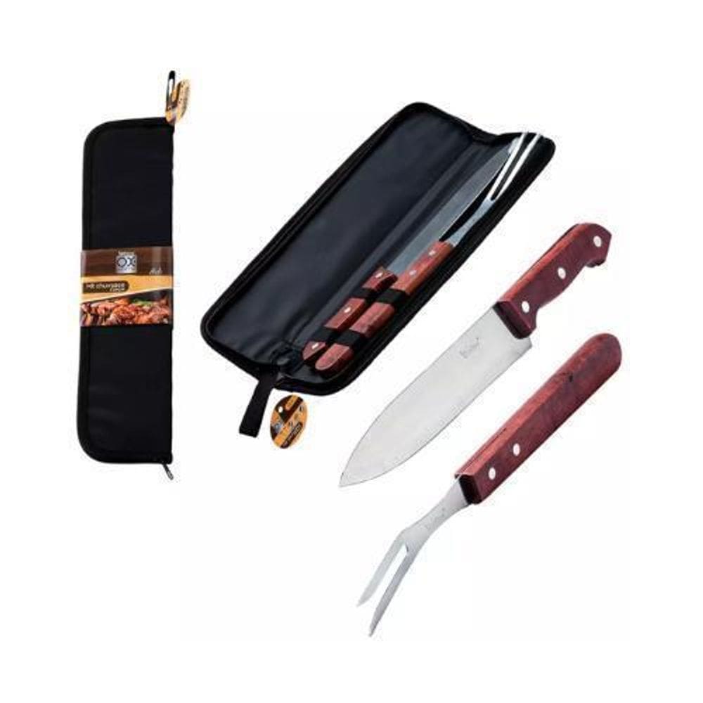 Kit Churrasco 2 Peças Garfo Faca Cabo Madeira Estojo Holz
