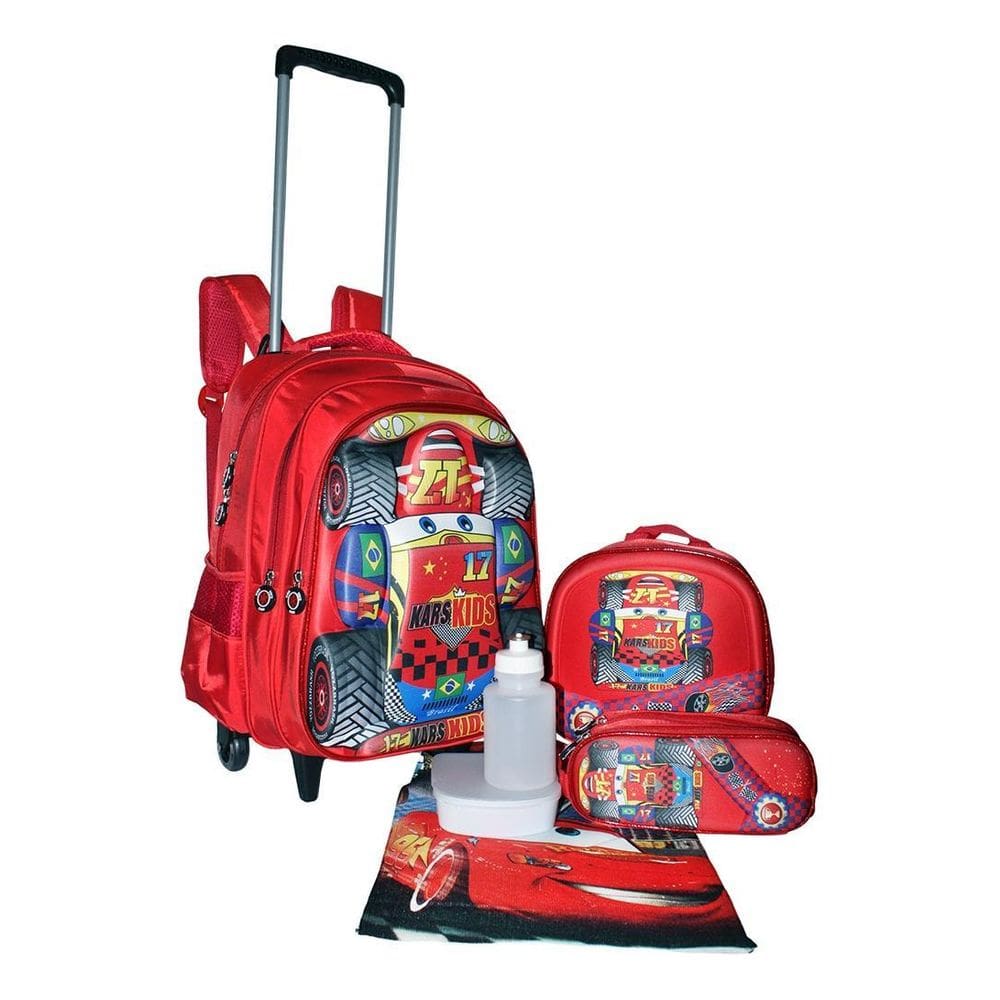 Kit Mochila Carros 3D Infantil Meninos Rodinhas Lancheira Es