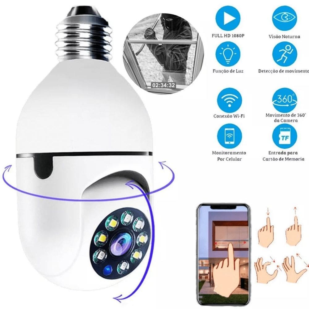 Câmera Lâmpada Wi-Fi 360 Para Escritório Ou Casa