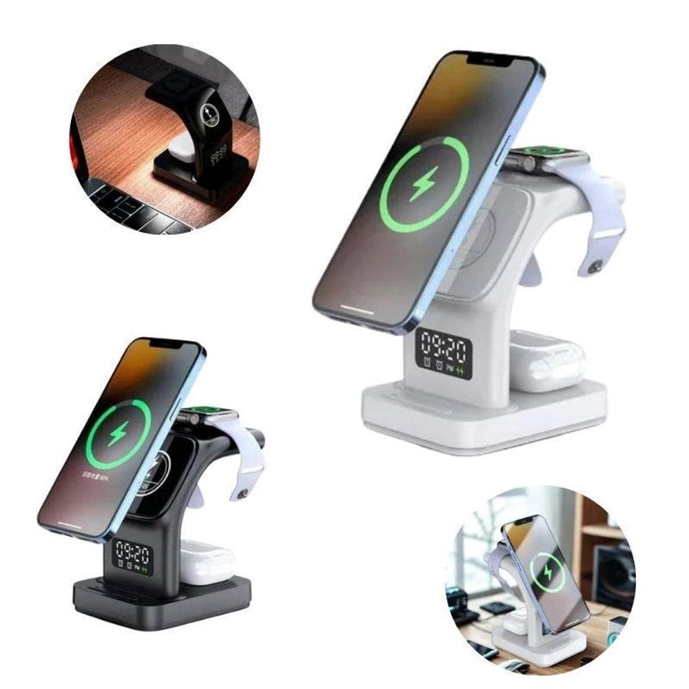 Base Carregador Sem Fio 5 Em 1 Indução Relógio Luz Noturna