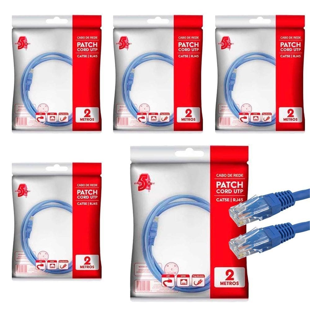 5X Cabo De Rede Internet Gigabit Cat5E Até 1Gb Azul 2 Metros