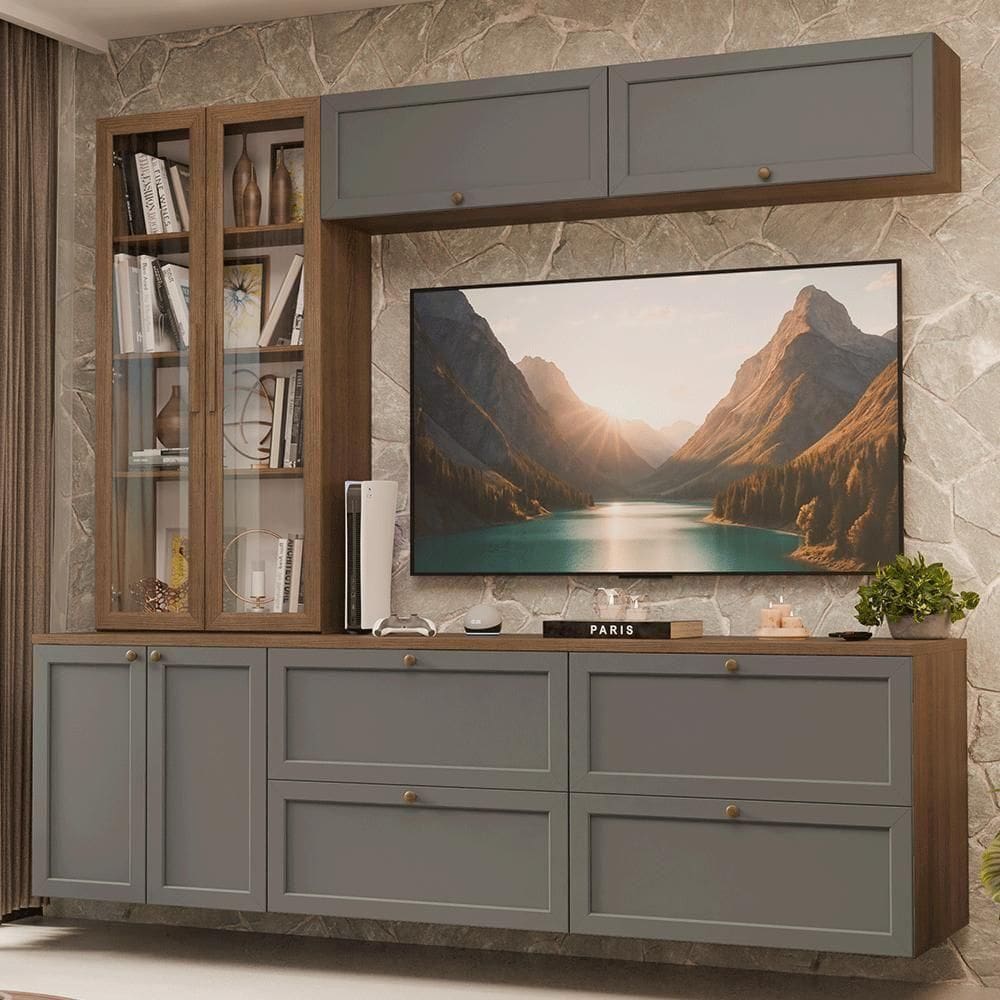 Estante Sala De Estar Com Rack + Cristaleira 230cm Vik Madesa 02 Rustic-cinza