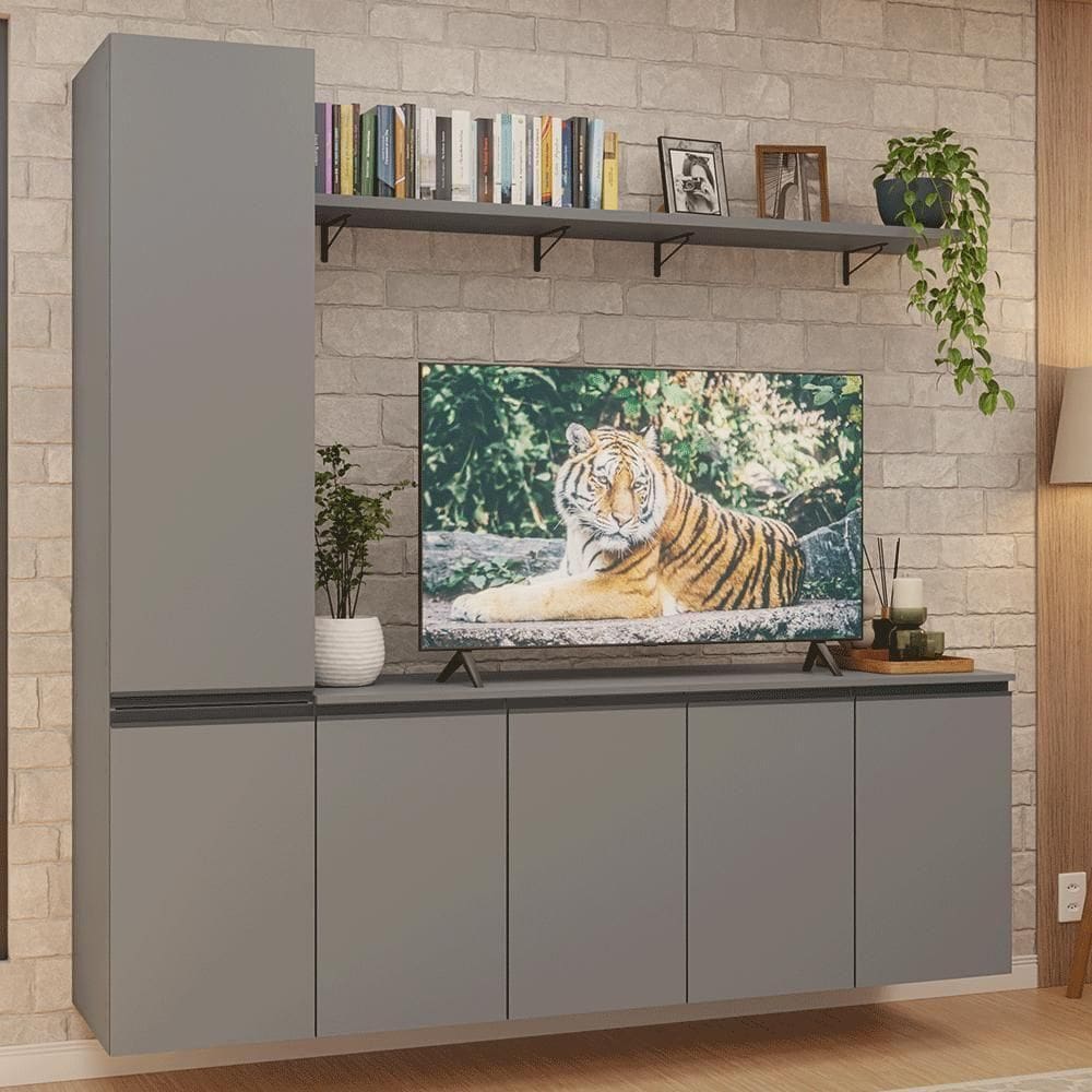 Rack Suspenso Para Até 70 Polegadas + Prateleira 200cm Nice Madesa 01 Cinza