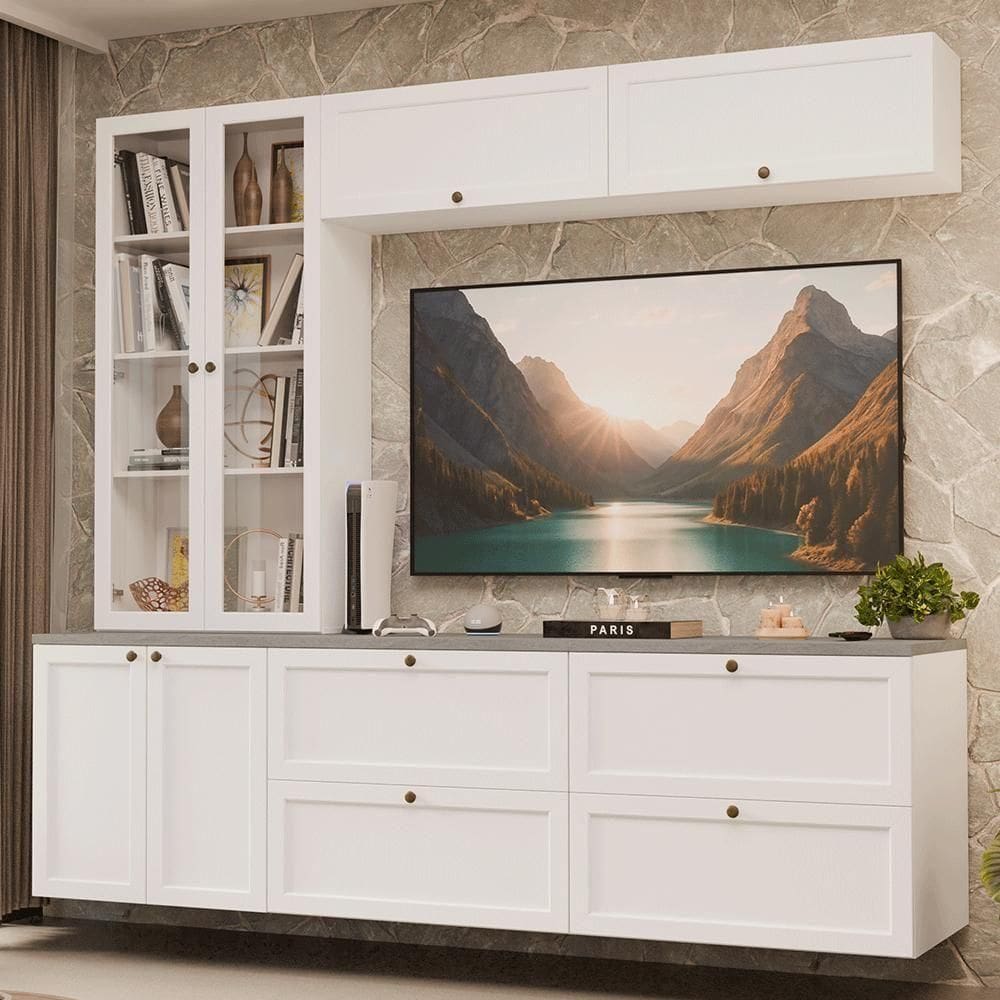 Estante Sala De Estar Com Rack + Cristaleira 230cm Vik Madesa 01 Branco