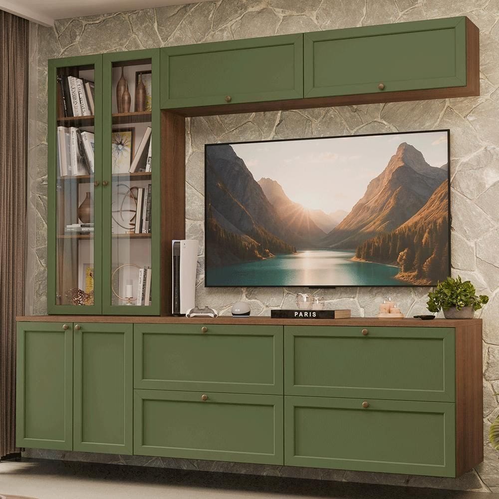 Estante Sala De Estar Com Rack + Cristaleira 230cm Vik Madesa 01 Rustic-verde