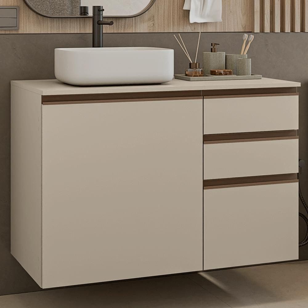 Gabinete Suspenso Para Banheiro 100cm 1 Porta 3 Gaveta Nice Madesa 03 Crema