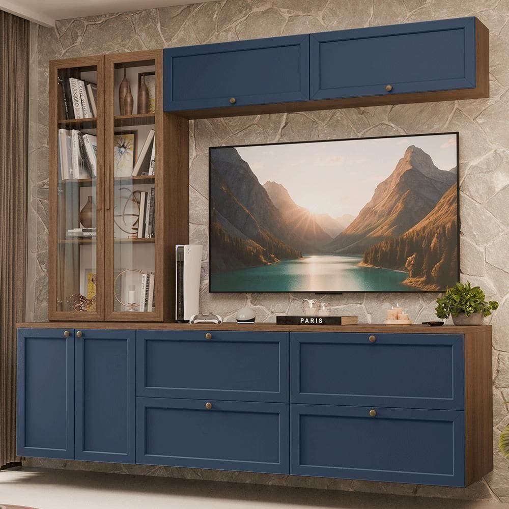 Estante Sala De Estar Com Rack + Cristaleira 230cm Vik Madesa 02 Rustic-azul