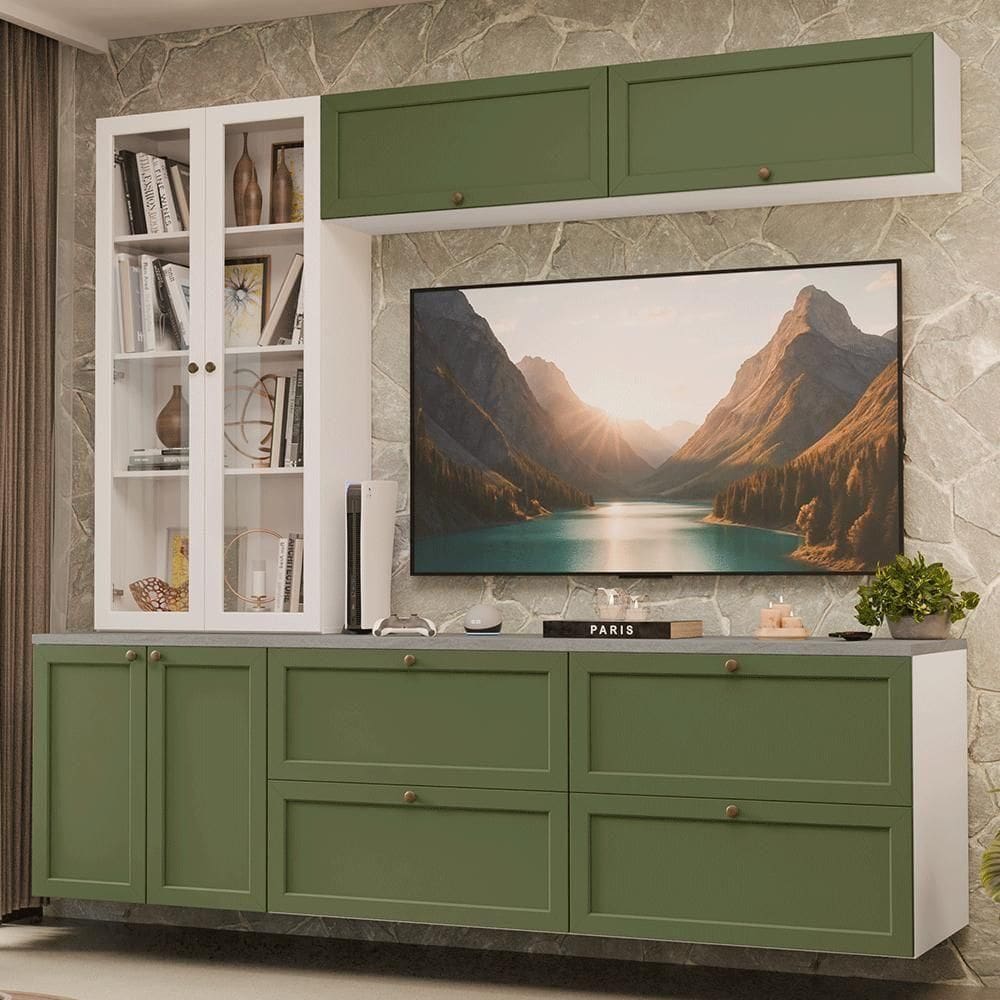 Estante Sala De Estar Com Rack + Cristaleira 230cm Vik Madesa 01 Branco-verde