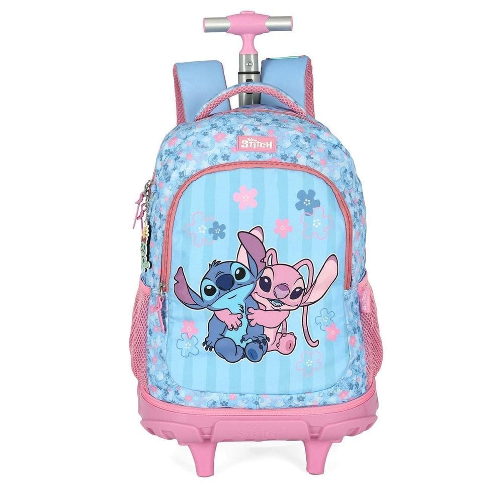 Mochila De Rodinhas Média Costas Stitch E Angel Com Chaveiro