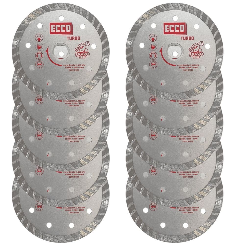 Kit 10 Discos De Corte Diamantado Turbo 110Mmx20Mm Anel 16Mm
