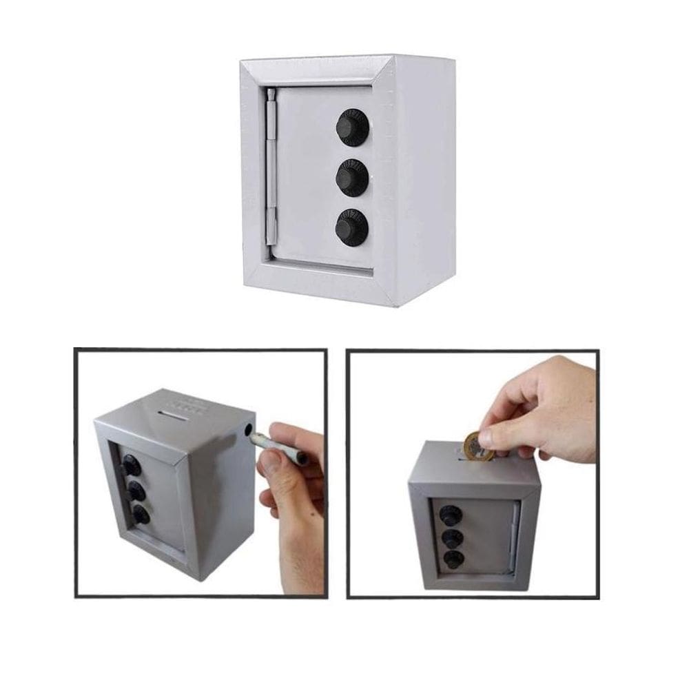 Mini Cofre Cofrinho Reforçado Aço Segredo Notas Moedas Cinza