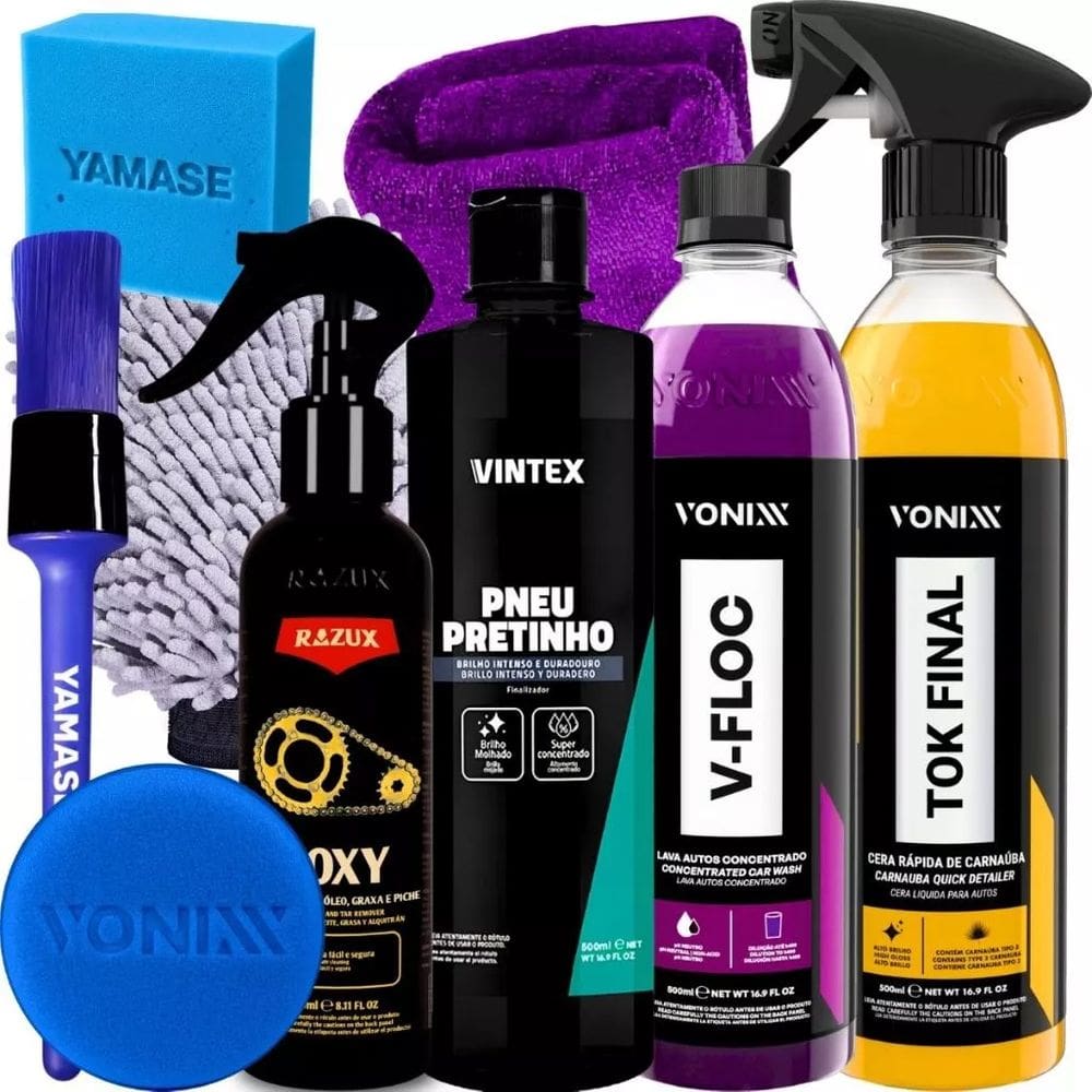 Kit Produto para Lavar Moto Cera Shampoo Desengraxante Pretinho Limpador de Corrente Vonixx