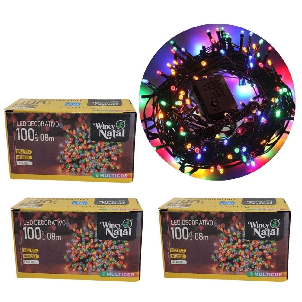 Kit 3 Piscas LED Colorido Sequencial 100 Lâmpadas 8 Funções Fio Verde 8 Metros 127V