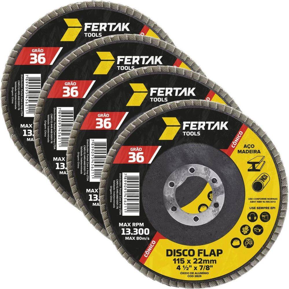 Disco Flap Cônico 115Mm Grão 36 Madeira Aço Desbaste 04 Un