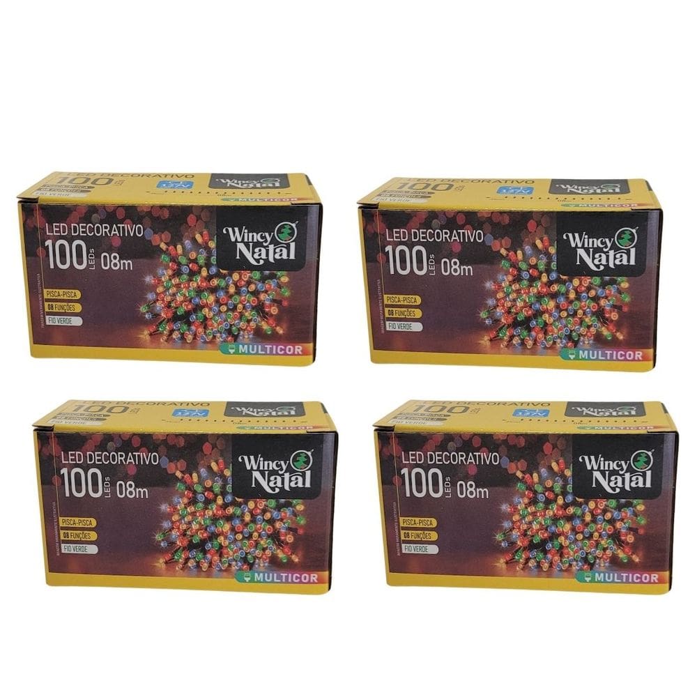 Kit 4 Piscas LED Colorido Sequencial 100 Lâmpadas 8 Funções Fio Verde 8 Metros 127V