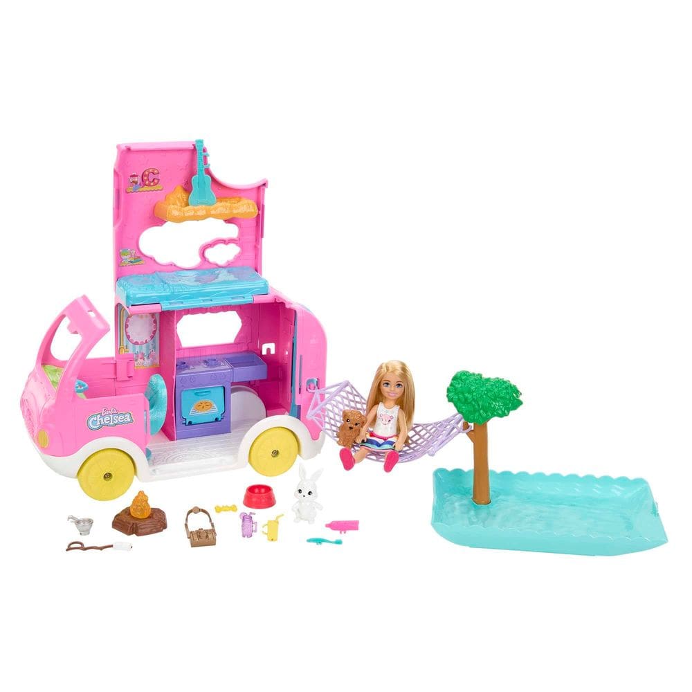 Playset Barbie Chelsea 2 em 1 Camper com boneca pequena e 2 animais de estimação