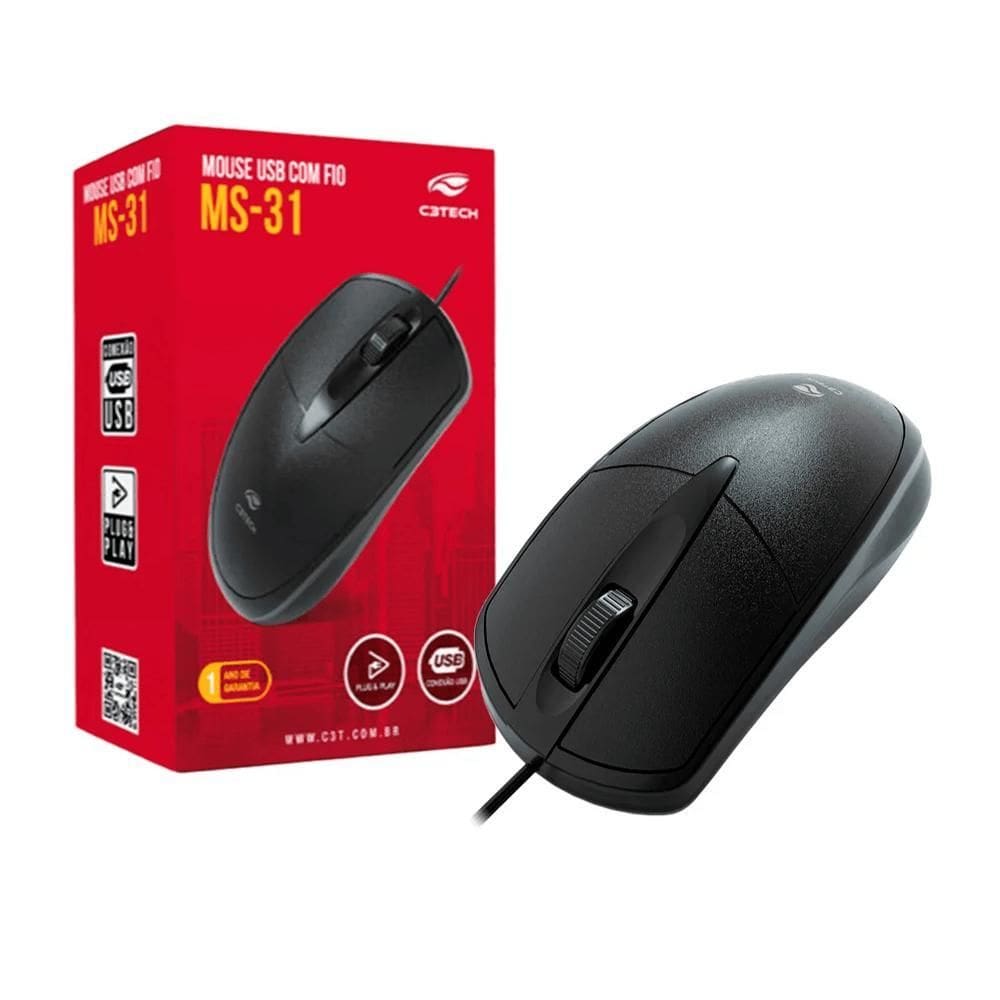 Mouse Office Com Fio Usb 2.0 3 Botões Preto Ms-31 1000 Dpi