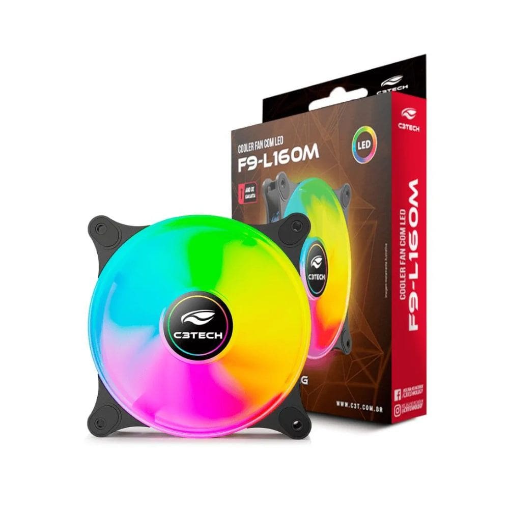 Cooler Fan F9-L160BKM C3Tech 120?mm RGB Multicor, 9 lâminas, Rolamento Hidráulico, 1?200?RPM, Molex 4-pinos