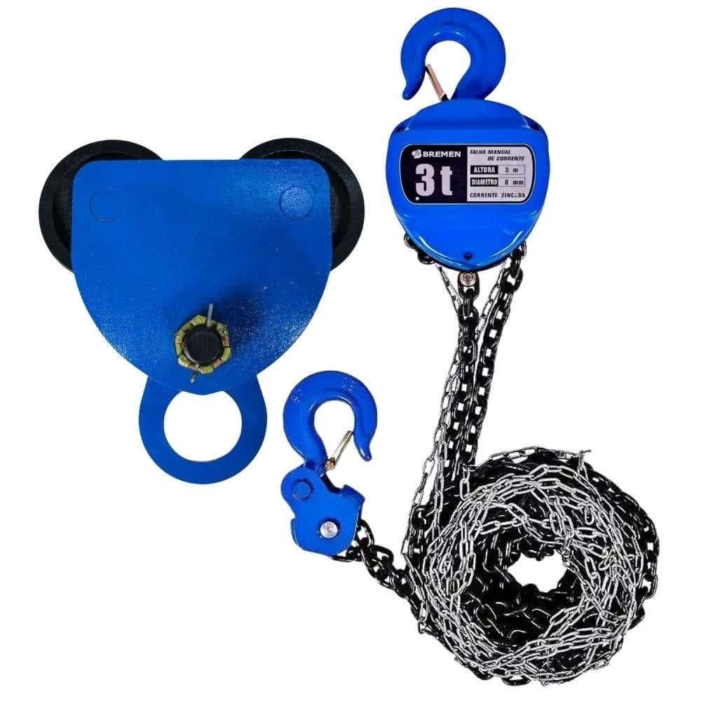 Carro Trole Manual 3 TON com Talha Manual de Corrente Elevação 3 Metros BREMEN