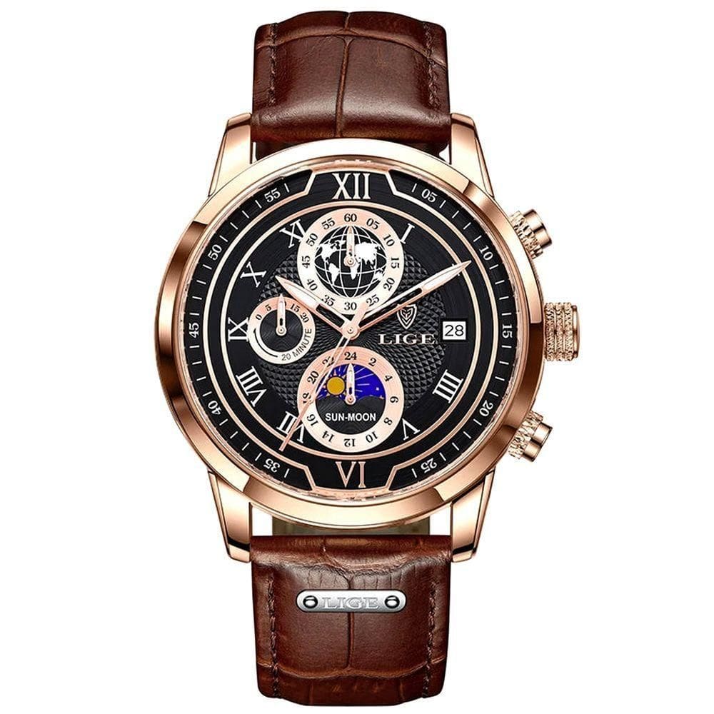 Relógio Masculino De Negócios Quartzo Esportivo à Prova D `água Marrom Dourado