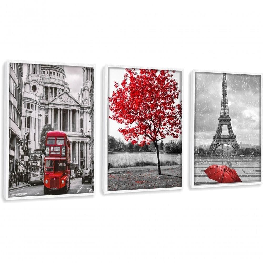 Quadro Londres árvore Da Vida Vermelha Paris Torre Eiffel Com Moldura Branco