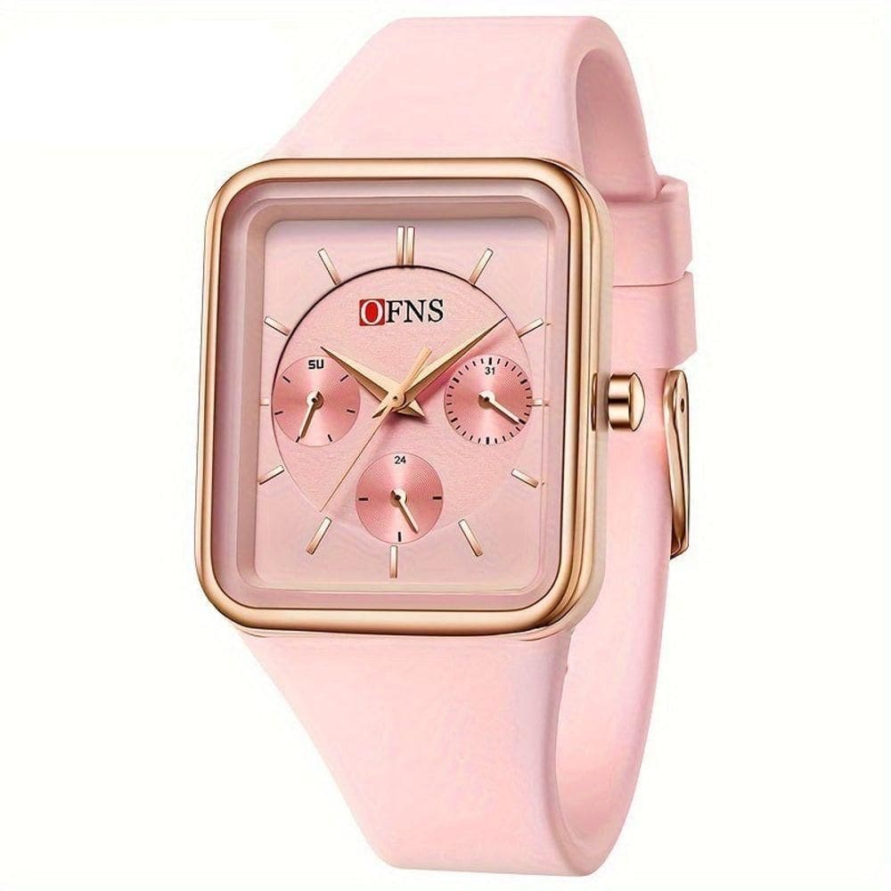 Relógio Quadrado De Quartzo Feminino Da Ofns, à Prova D`água Rosa