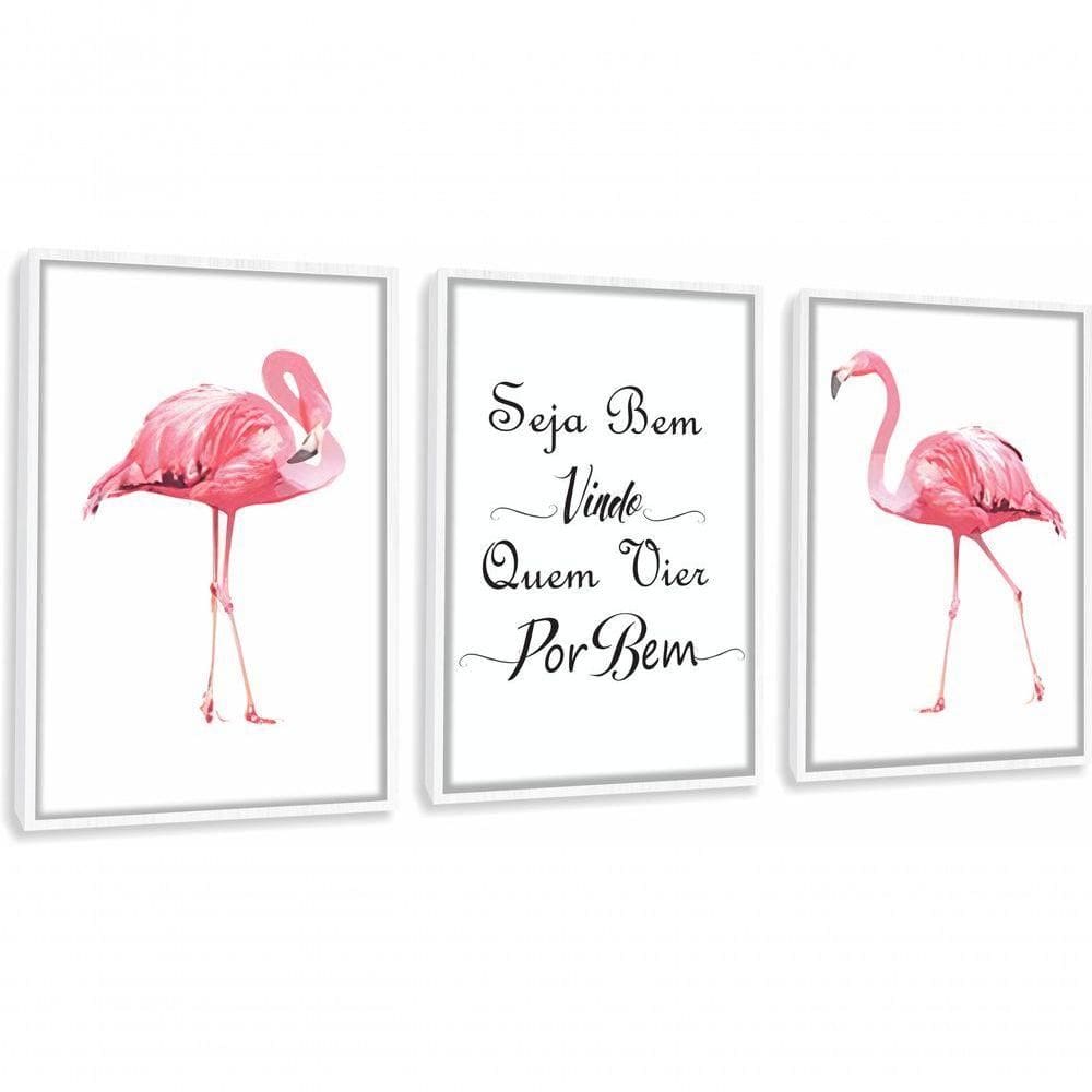 Quadro Decorativo Flamingos Com Frase E Moldura Branco