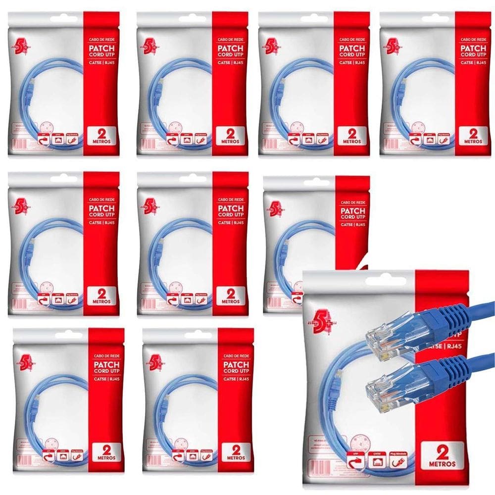 10X Cabo De Rede Patch Cord Gigabit Cat5E Até 1Gb Azul 2M