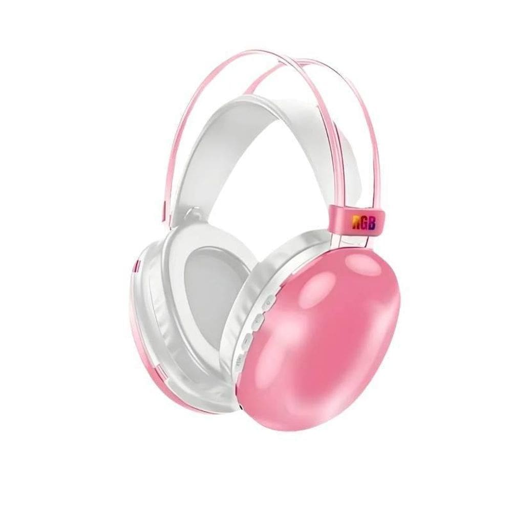 Fone De Ouvido Rosa Sem Fio Bluetooth Led Rgb Recarregável