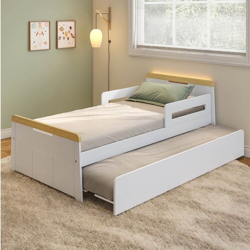 Bicama Infantil com Led e Grades de Proteção Petit Casatema Madeiraoriginals Branco/Mel