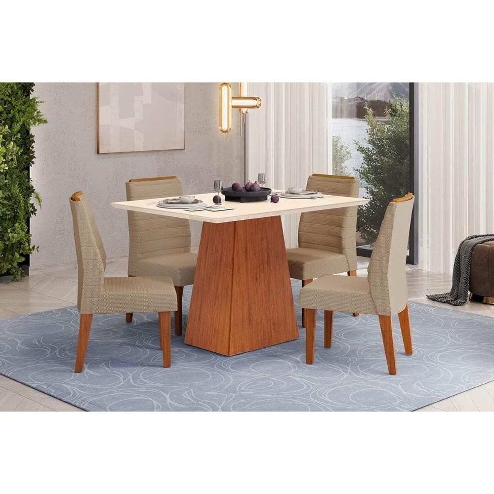 Sala de Jantar Completa Dulce c/ Tampo Madeirado c/ Vidro Reto 120x90cm e 4 Cadeiras Ondina Freijo/Off White - Linho Bege - DJ Móveis