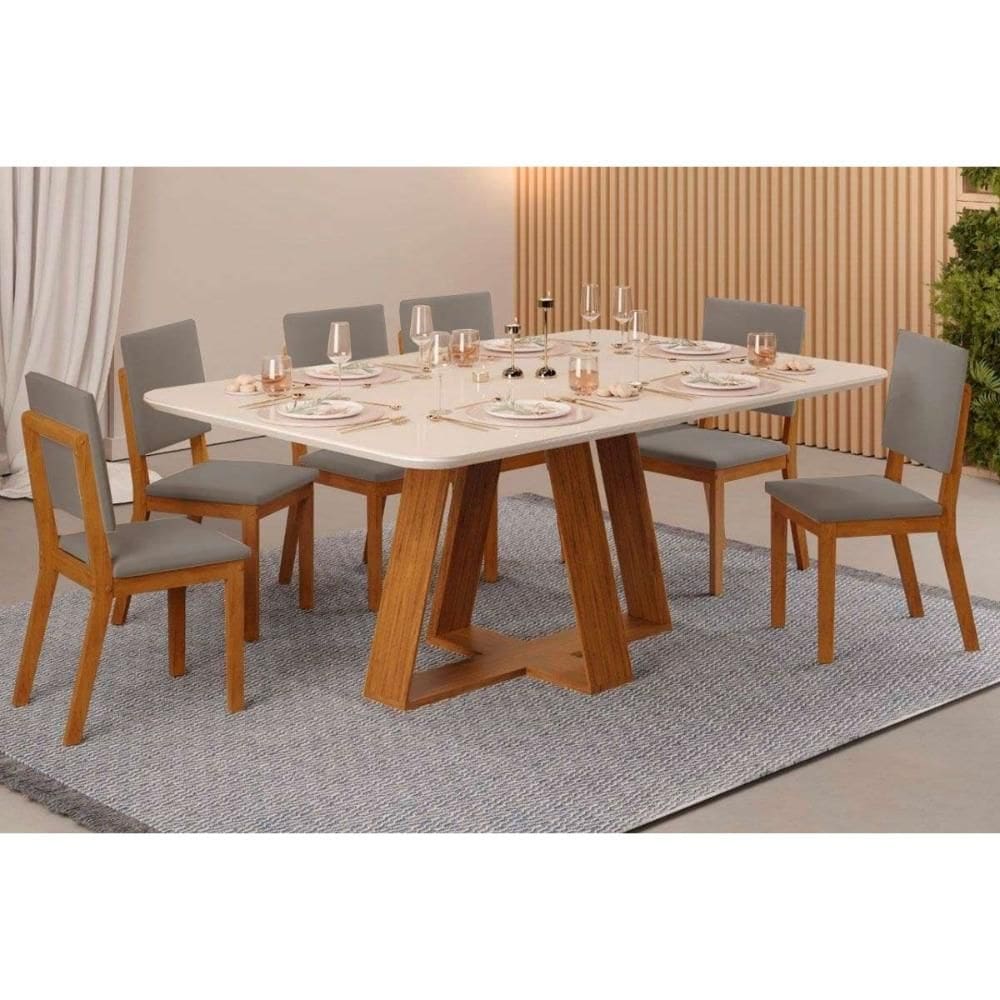 Sala de Jantar Completa Celeste c/ Tampo Madeirado c/ Vidro Curvo 160x90cm e 6 Cadeiras Talia Cedro/Off White - Suede Lunar - DJ Móveis