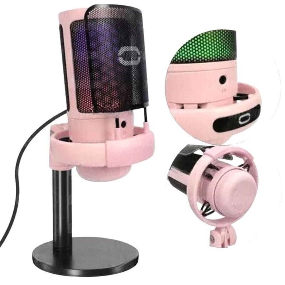 Microfone Gamer Rosa Com Suporte Rgb Led 07 Cores Usb Pc