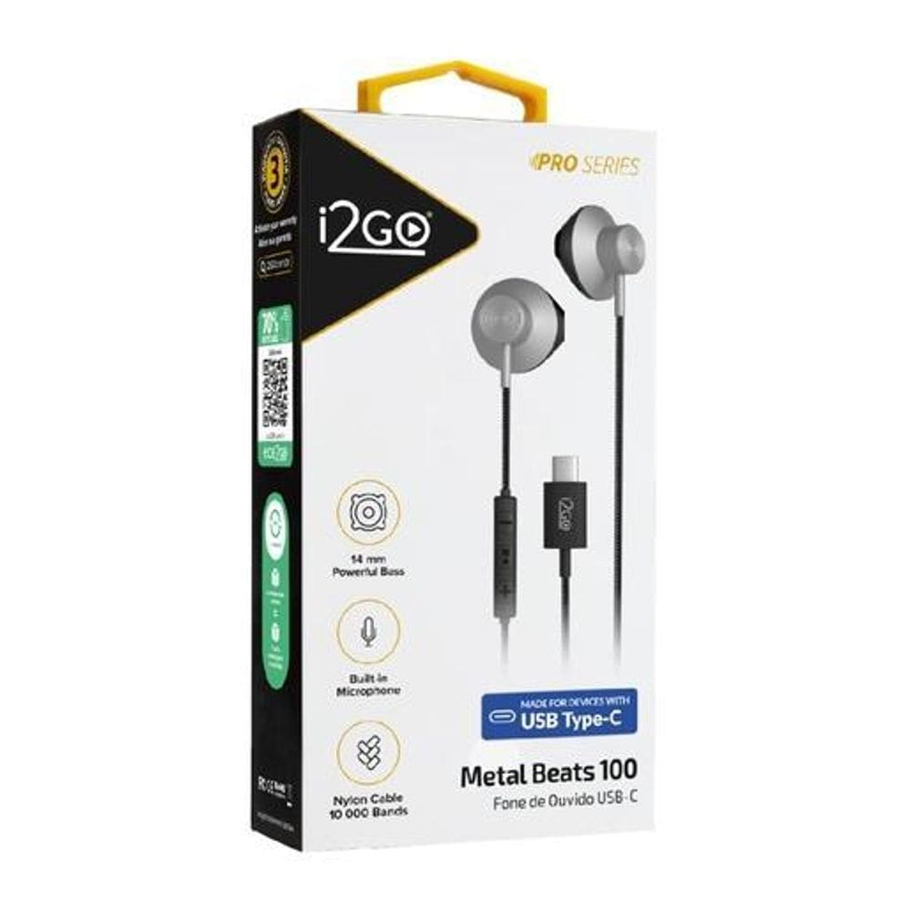 Fone De Ouvido Usb-C I2Go Metal Beats 1,2M Preto E Cinza