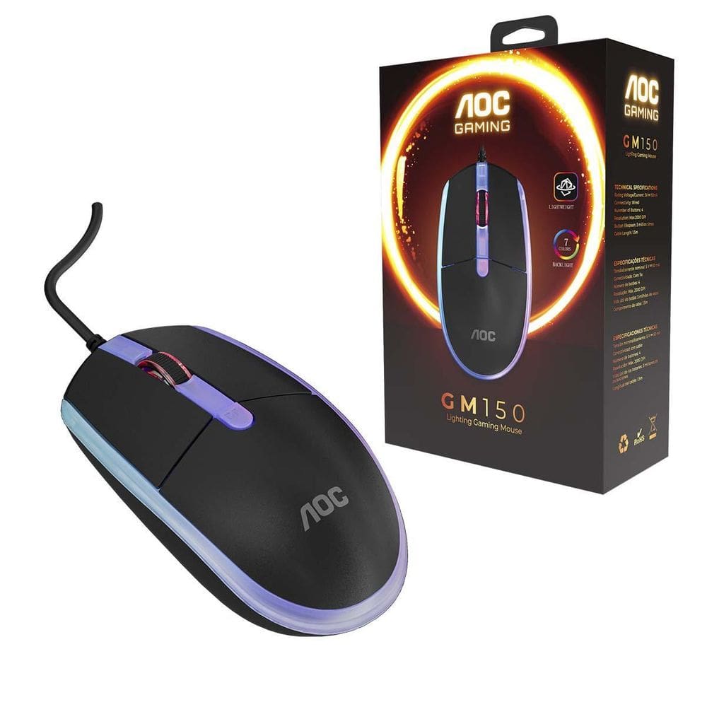 Mouse Gamer Aoc Usb Rgb Rainbow 2000Dpi 4 Botões Gm150B