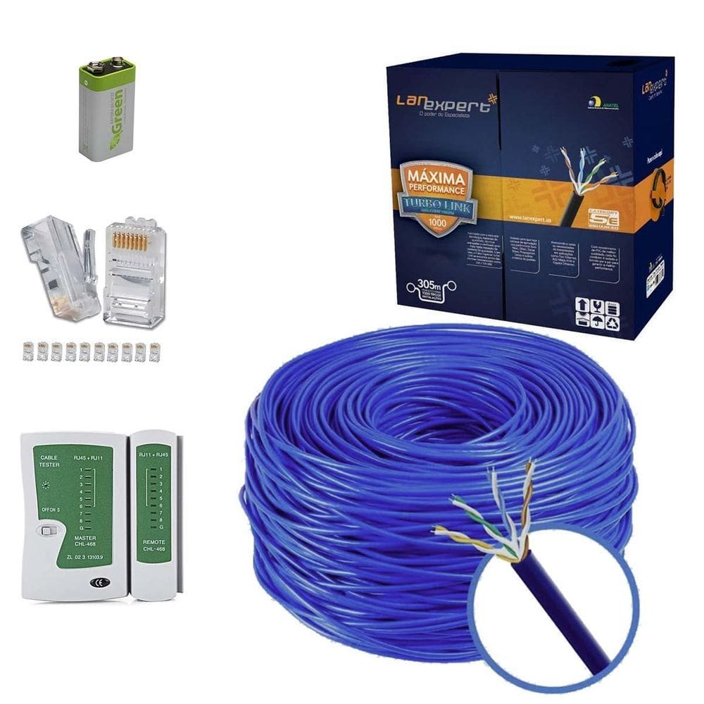 Kit 150M Cabo Rede Cat5E 100% Cobre Teste + 9V 50 Rj45 Azul