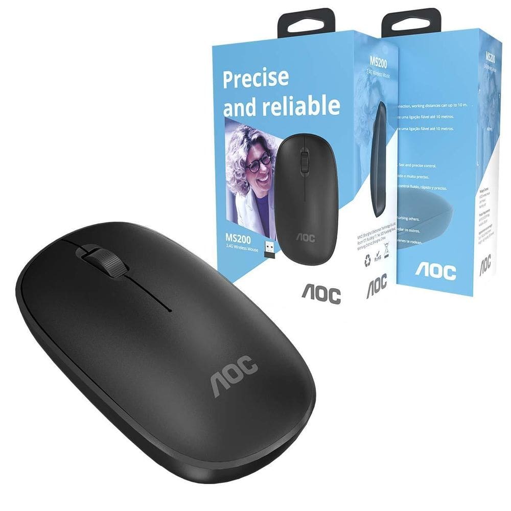 Mouse Optico Sem Fio Aoc 2,4Ghz Office Preto 1600Dpi Ms200B