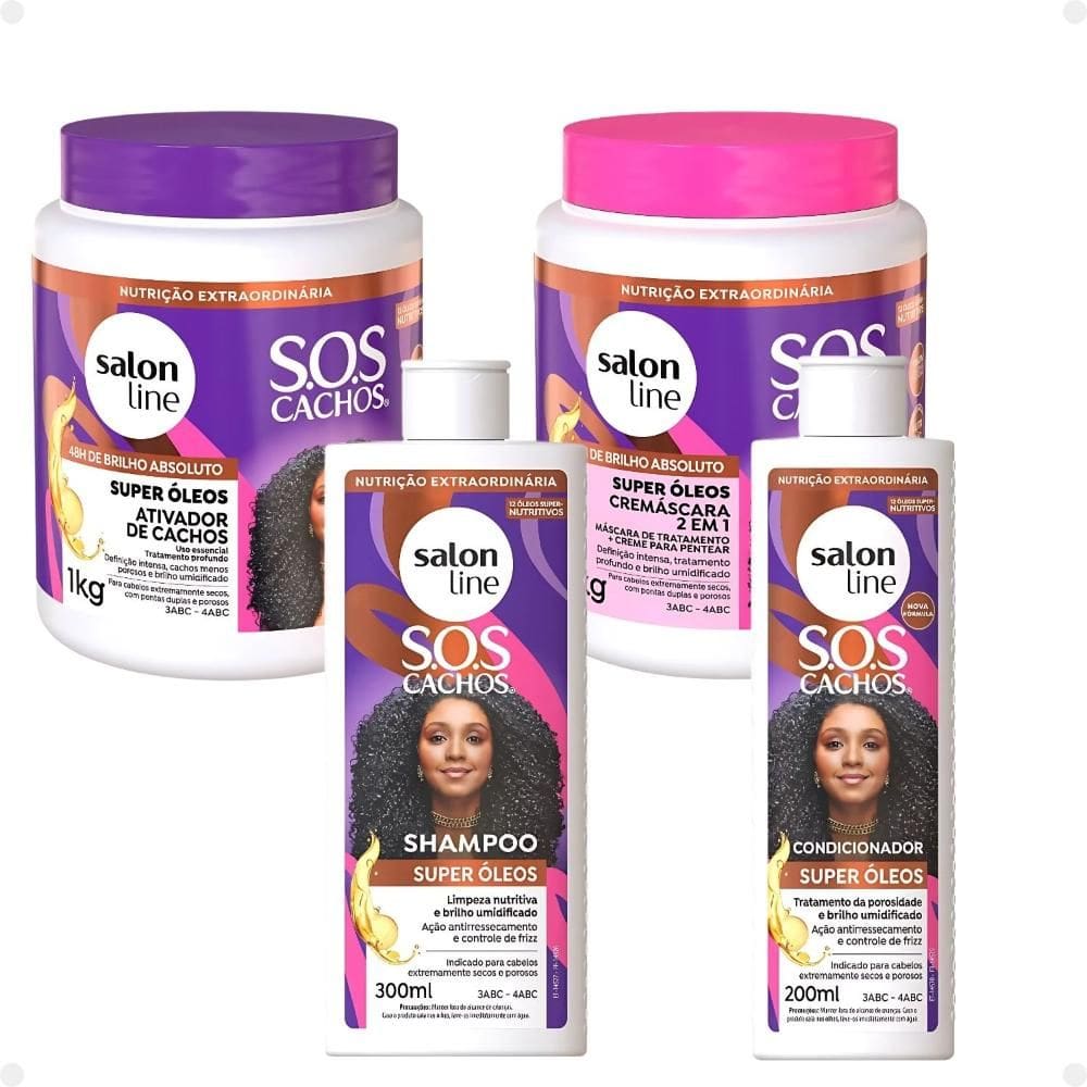 Kit Salon Line SOS Cachos Super Óleos: Shampoo 300ml e Condicionador 200ml + Cremáscara 2 em 1 1kg e Ativador de Cachos 1kg