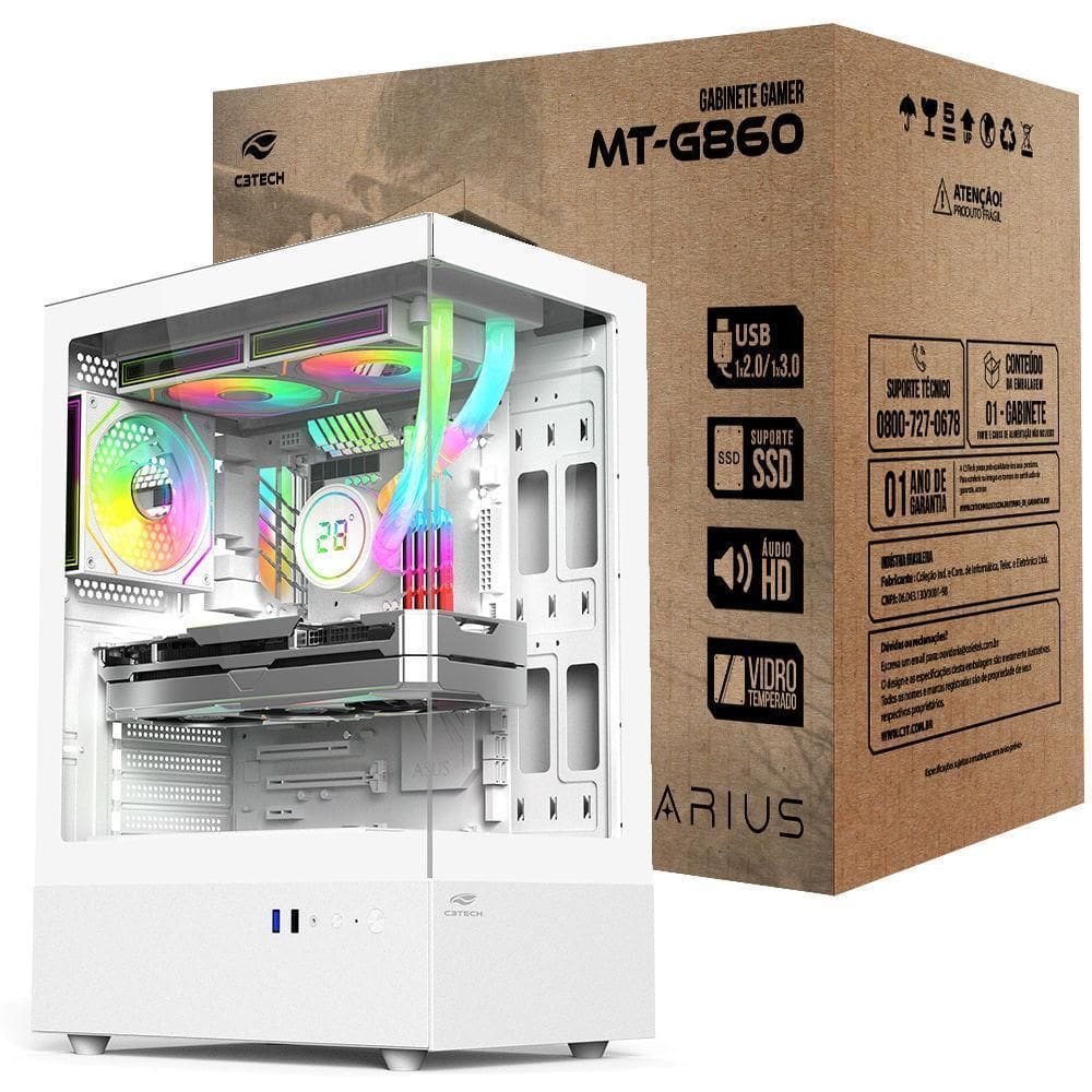 Gabinete Gamer C3Tech Aquário Mt-G860Wh S/ Fonte Branco