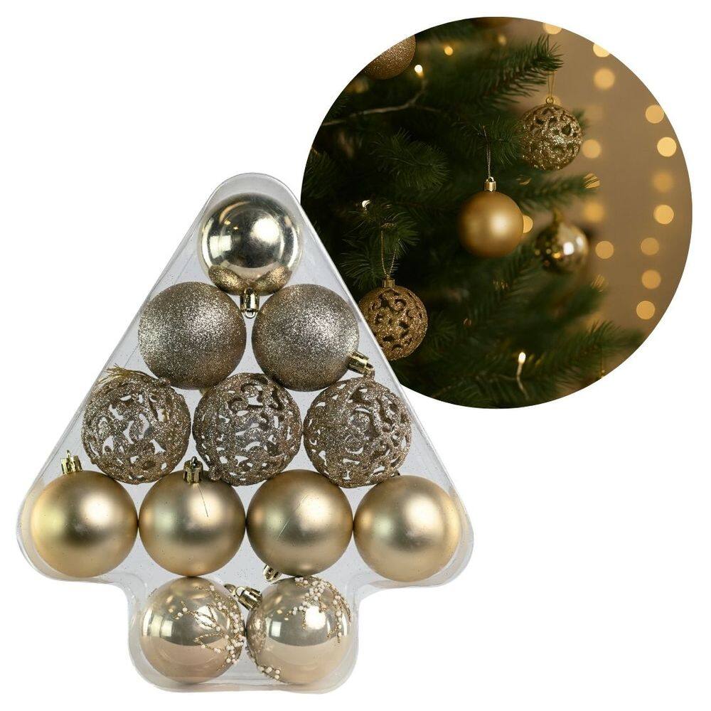 Kit 12 Bolas de Natal Champanhe 6cm Luxo Texturas Mistas Fosca, Espelhada, Glitter Arabesco e Flor Decorada